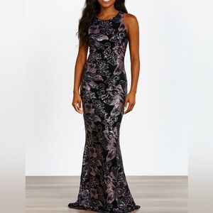 Badgley Mischka Navy & Purple Sequins Floral Event Dress Night Gown S4